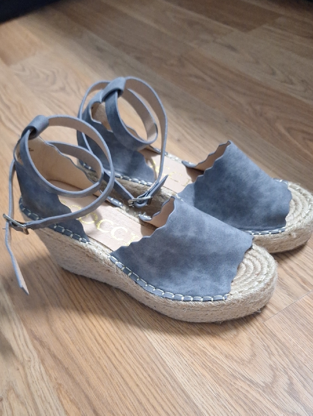 CCOCCI Blue Gray Faux Suede Espadrille Wedge Sandals with Ankle Tie